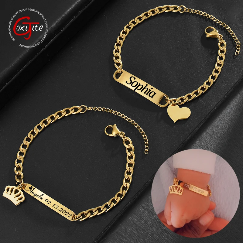 Goxijite Personalized Name Baby ID Bracelet Stainless Steel Custom Cuban Chain Link Crown Bracelets Newborn Girls Boys Gift