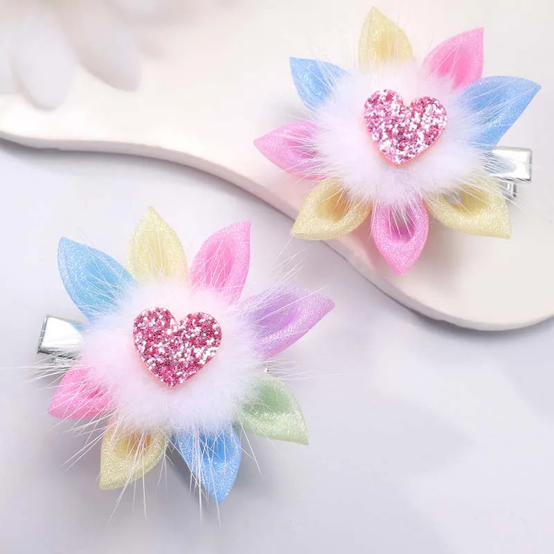 ncmama New Faux Fur Hair Clips for Baby Girls Cute Glitter Heart Hairpin Barrettes Kids Headdress Boutique Hair Accessories Gift