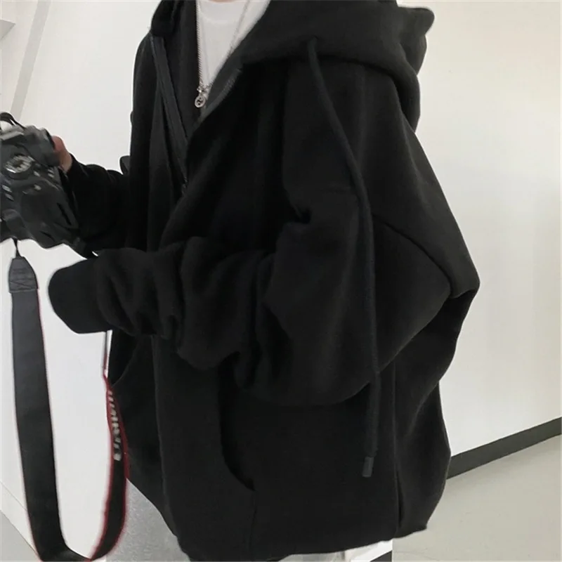 New Fashion Korean Women Winter Solid Color Fleeced Zip Up Plain Hooded Sweatshirt Coat Simple Baggy Pockets Hoodie Coat