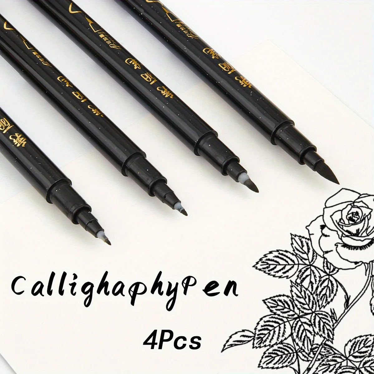 4pcsCalligraphy pen set for handwriting - fine and brush tip, refillable black ink, sleek oval pen body, lightweight plastic mat