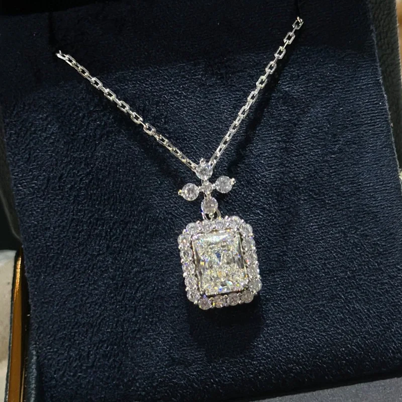 S925Silver Artificial Diamond Redean Cut Geometric Small Cross Square Necklace European and American Style High-Grade Clavicle C