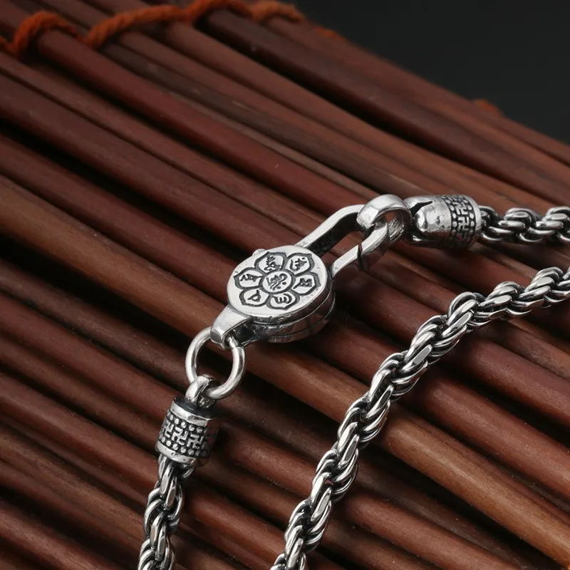 925 sterling silver ornament vintage Thai silver buckle six words mantra Vajra twist men's and women's necklaces