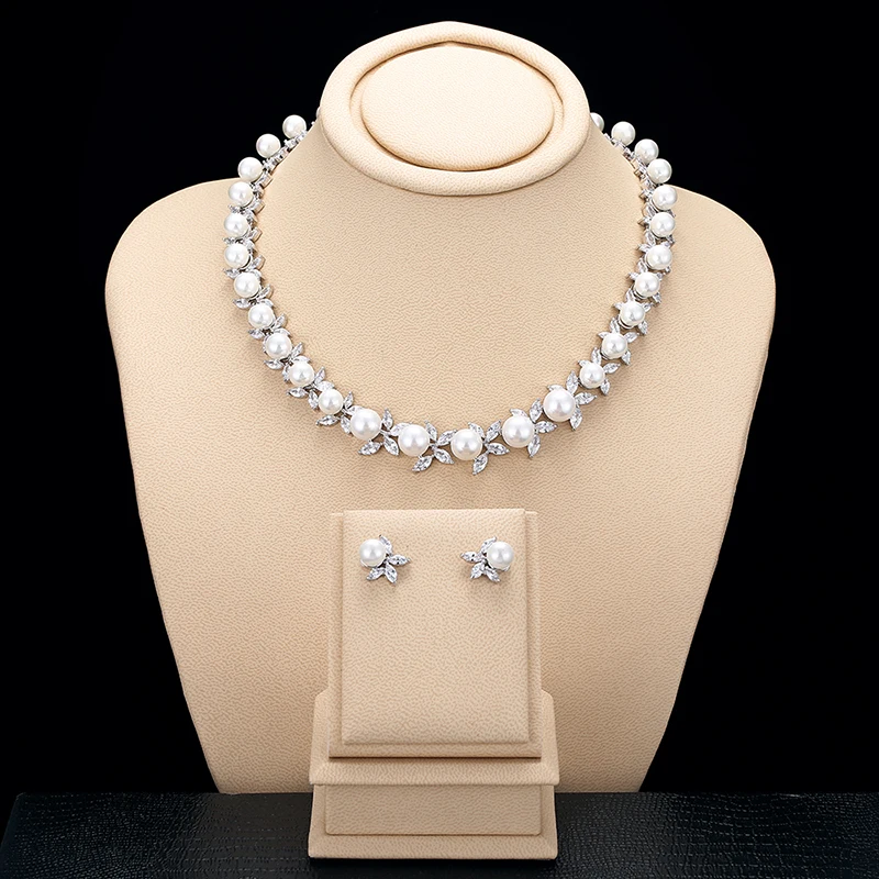 ZAKOL Exquisite Imitation Pearl CZ Wedding Jewelry Set for Women Charming Luxury Sliver Color Zirconia Party Jewelry Gift