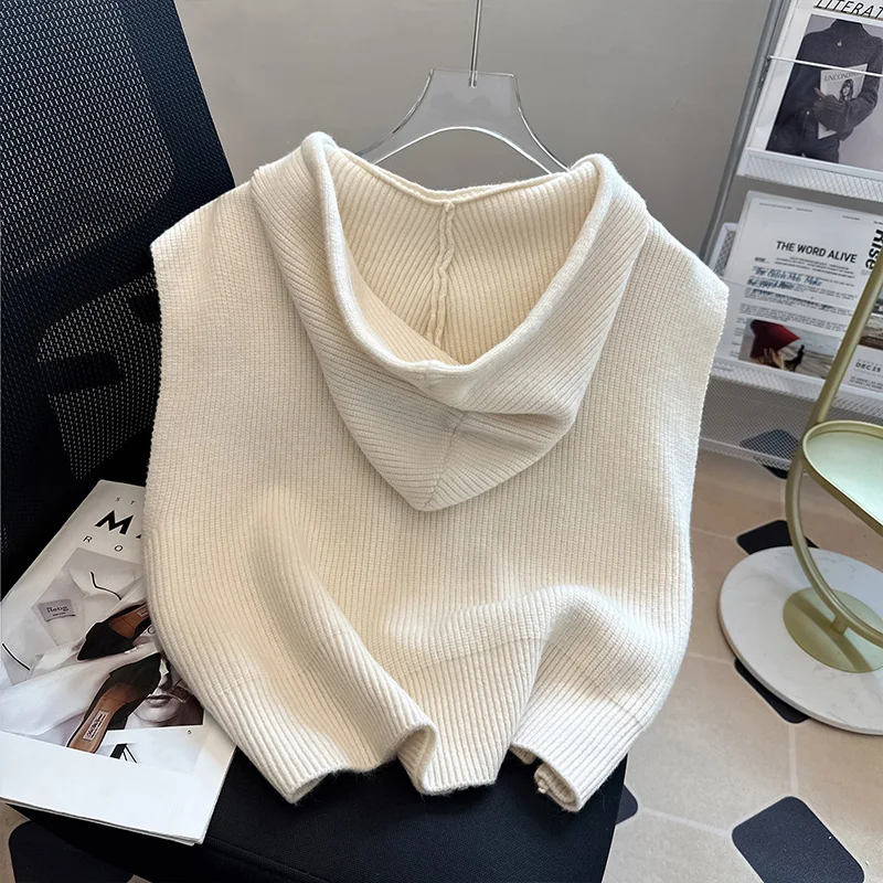 Hooded Knitted Cardigan Sweater Outerwear New Women's Autumn Zipper Vest Jacket Loose Sleeveless Tops Fashion Streetwear