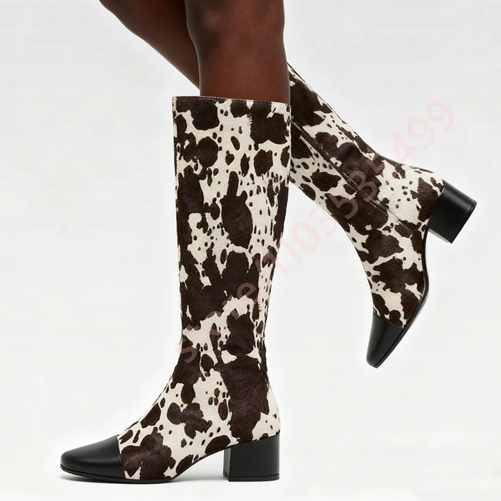 خريف جديد مختلط اللون البقرة طباعة الأحذية الغربية 2025 أشار تو مثير صندل بكعب مكتنز ركوب التمهيد الشارع نمط سستة أحذية طويلة