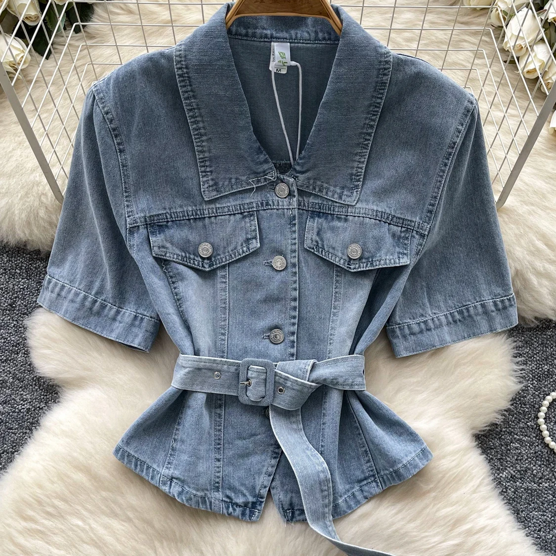Women New Denim Short Shirt With Belt Summer Hong Kong Style Retro Waist Tight Fit Collar Short Sleeve Bright Thread Cowbody Top