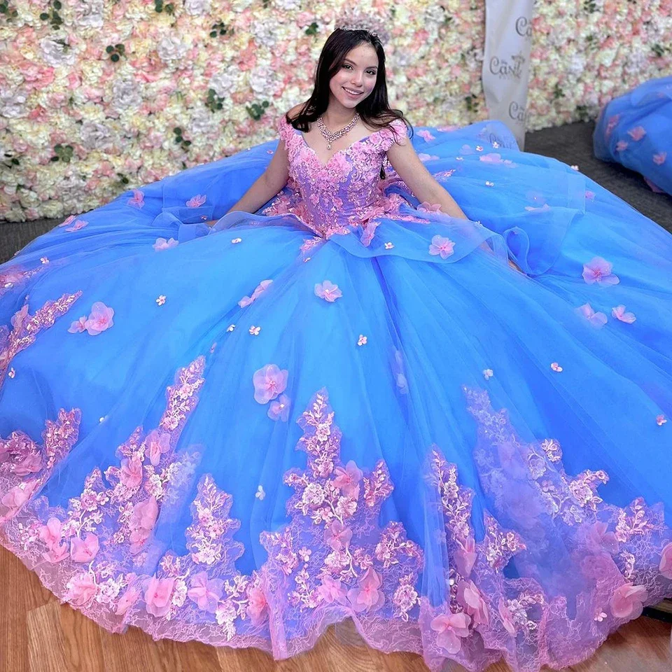 Wszystkie szampańskie suknie ślubne błękitne koronkowe kwiaty aplikacje Sweetheart Quinceanera suknia wieczorowa Off The Shoulder Party Sweet