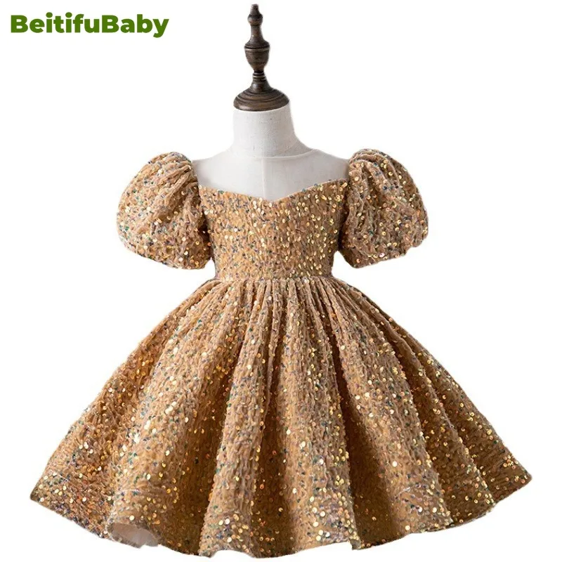 BeitifuBaby-Vestido retrô estilo princesa para meninas, vestido de baile infantil, mangas bolha, lantejoulas, vestidos de banquete, florista, festa de casamento