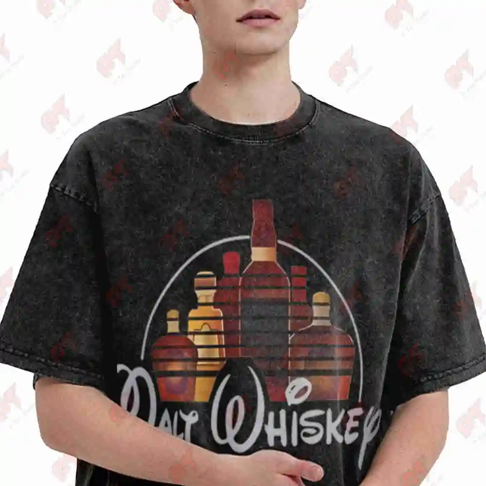 Malt Whiskey Print Vintage Washed Tee Pure Cotton T-Shirt