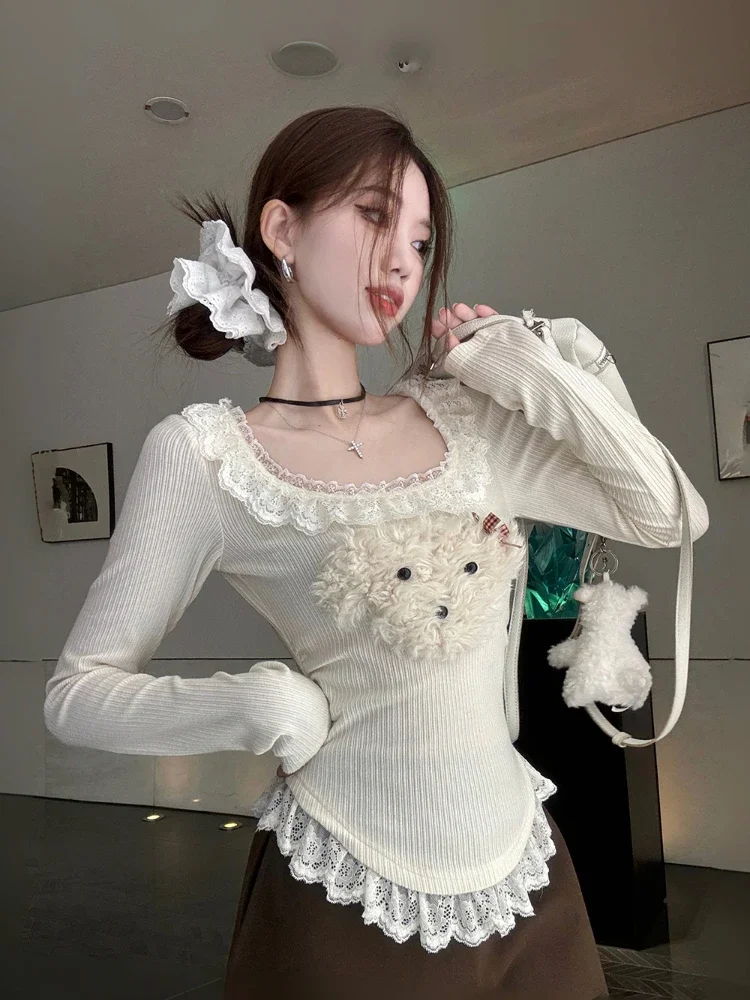 ADAgirl Y2k Bear Graphic Long Sleeve T-shirts for Women Kawaii Ruffles Lace Long Sleeve Tee Tops Korean Style Cutecore Clothes