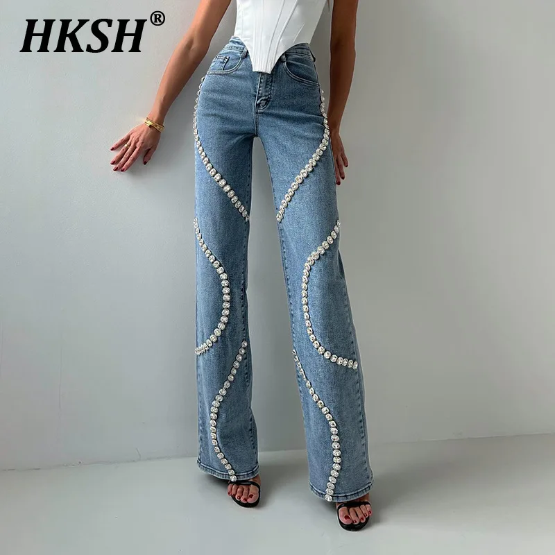 

HKSH весна осень новые женские уличные винтажные джинсы с высокой талией вышивка бриллиантами лоскутные прямые широкие брюки HK6139