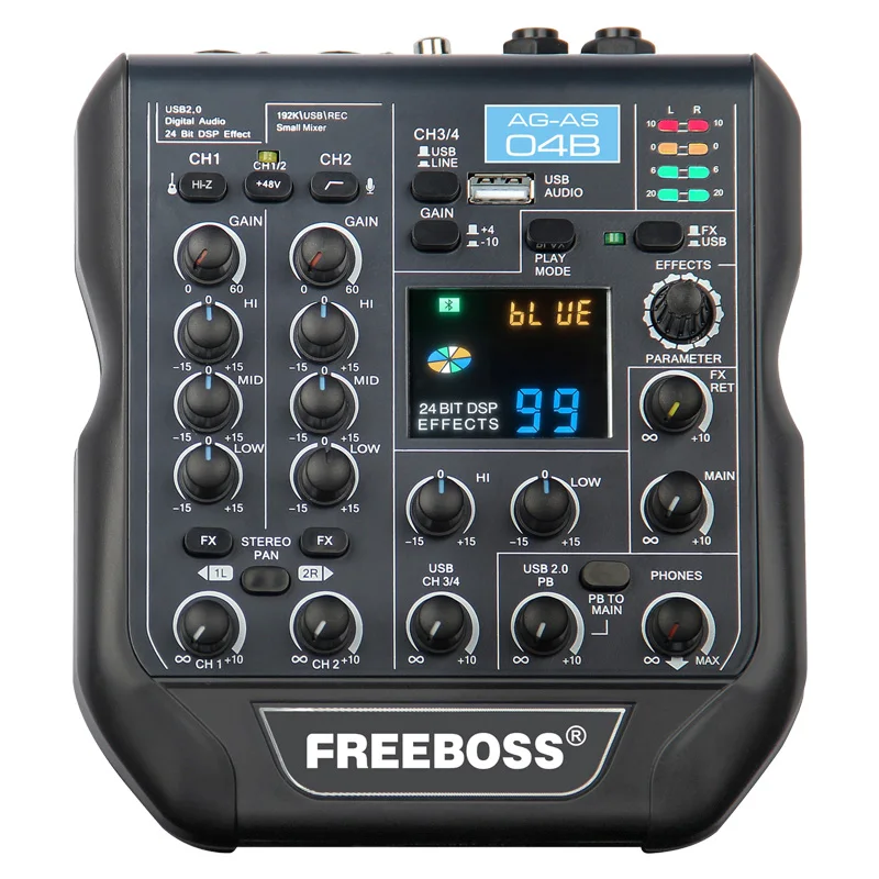 Freeboss AG-AS04B 24Bit 99DSP Effects 192KHz Sampling Frequency Bluetooth Mini Audio Mixer with USB Record and 48V Phantom Power