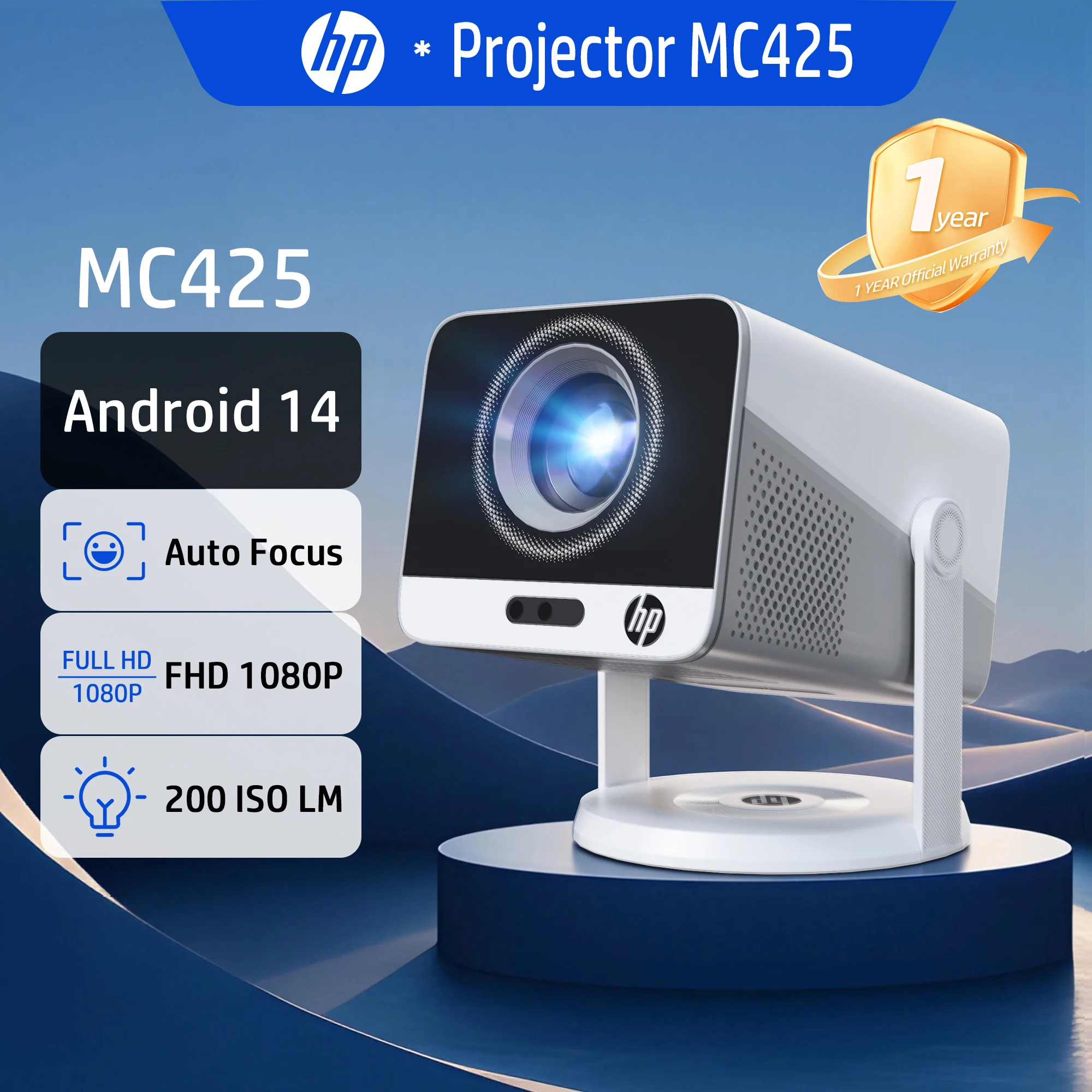 HP Tragbarer Projektor MC425 1920x1080P Full HD 200LM Auto-Korrektur 90° ° Drehbarer Dual-Band WLAN 5.4 Bluetooth 3W Lautsprecher USB-C – Detail 1
