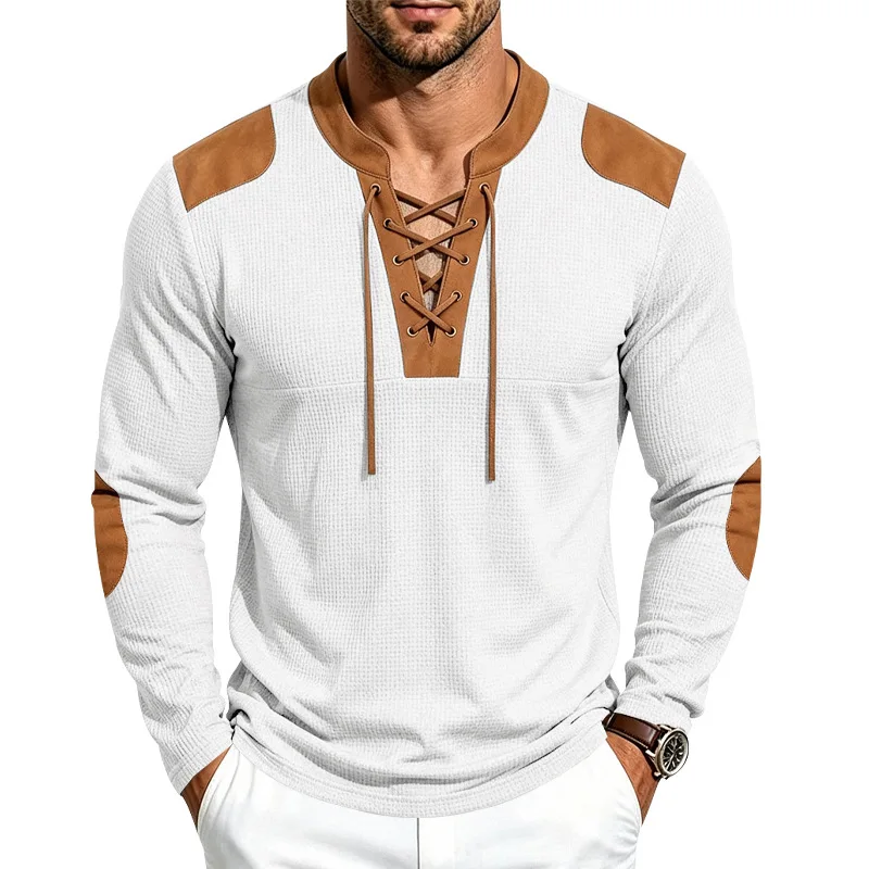 Men Waffle Knit Lace Up Henley Long Sleeve Shirts Spliced Suede Patch Contrast Color Casual Vintage Western Pullover Tops
