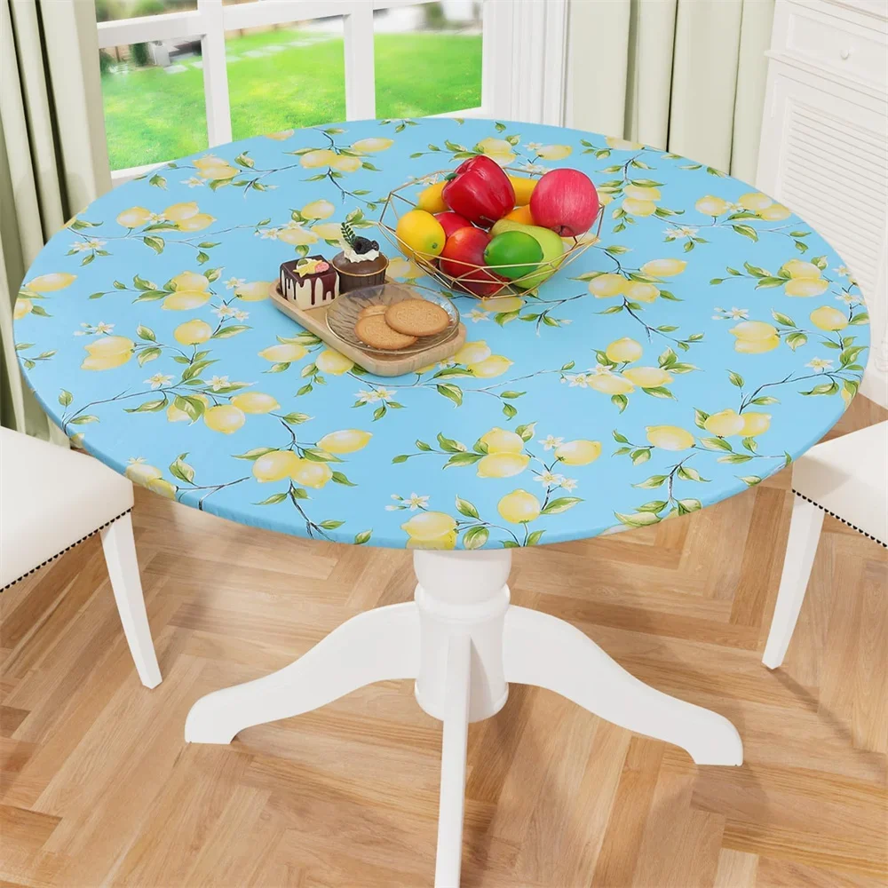 

Elastic Round Table Cloth Fitted Flannel Backed Tablecloth Waterproof Wipeable Decor Party Dining Table Cover for Camping 식탁보