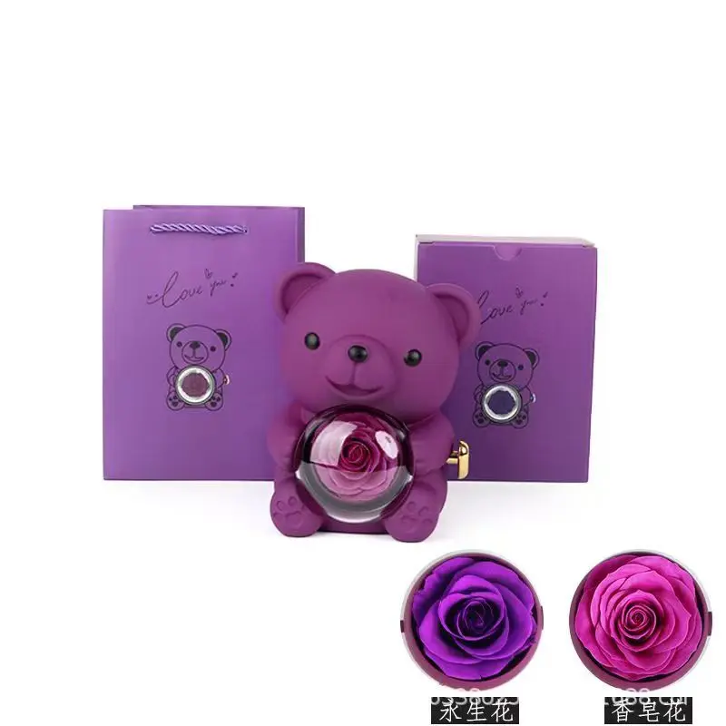 Preserved Rose Hug Bear with Preserved Flower Ring Necklace Organizer Gift Bear Shape Jewelry Box Valentine's Day Birthday Gift
