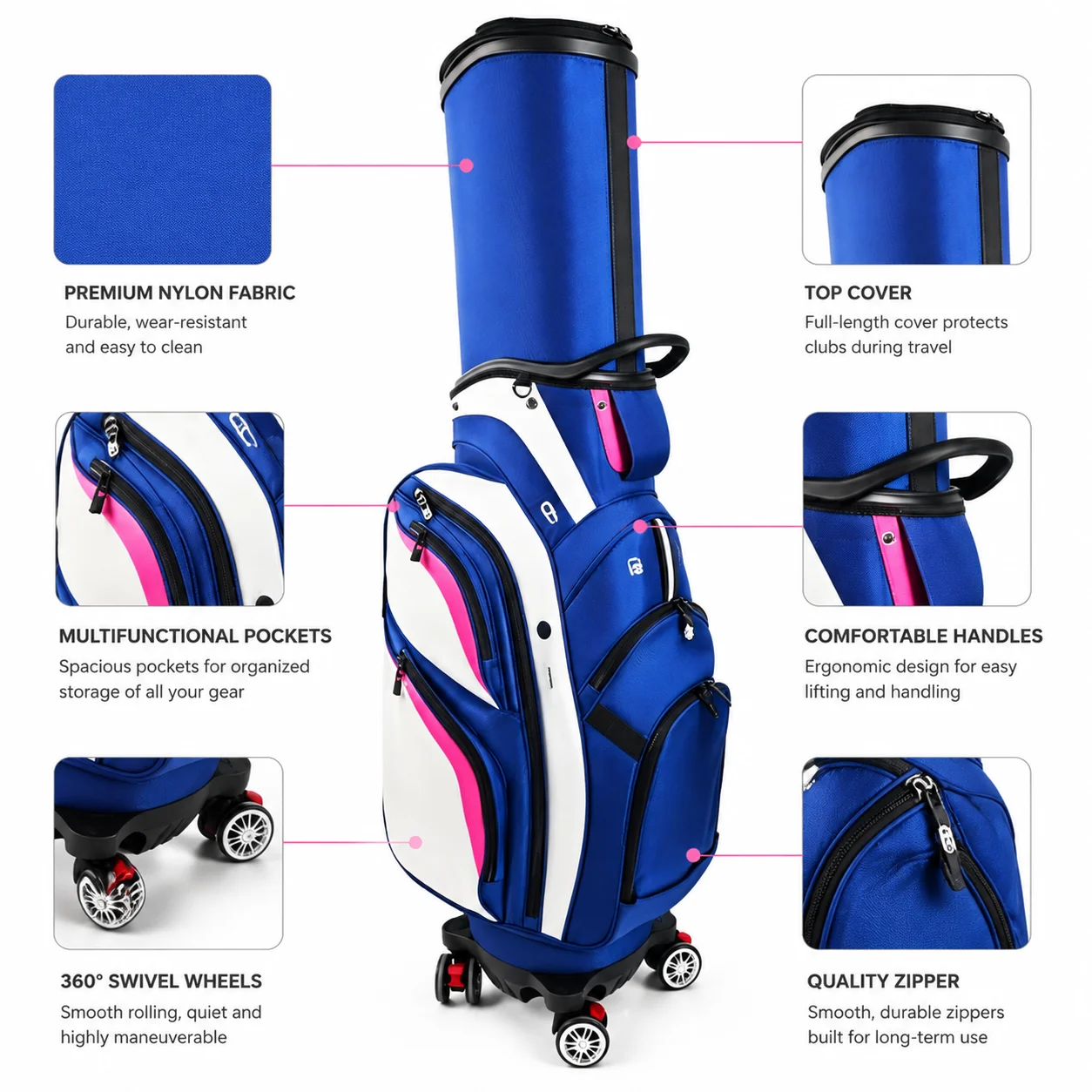 Custom Premium Nylon Pu Leather Retractable Golf Bag Custom Logo Stand Golf Bag With Wheels