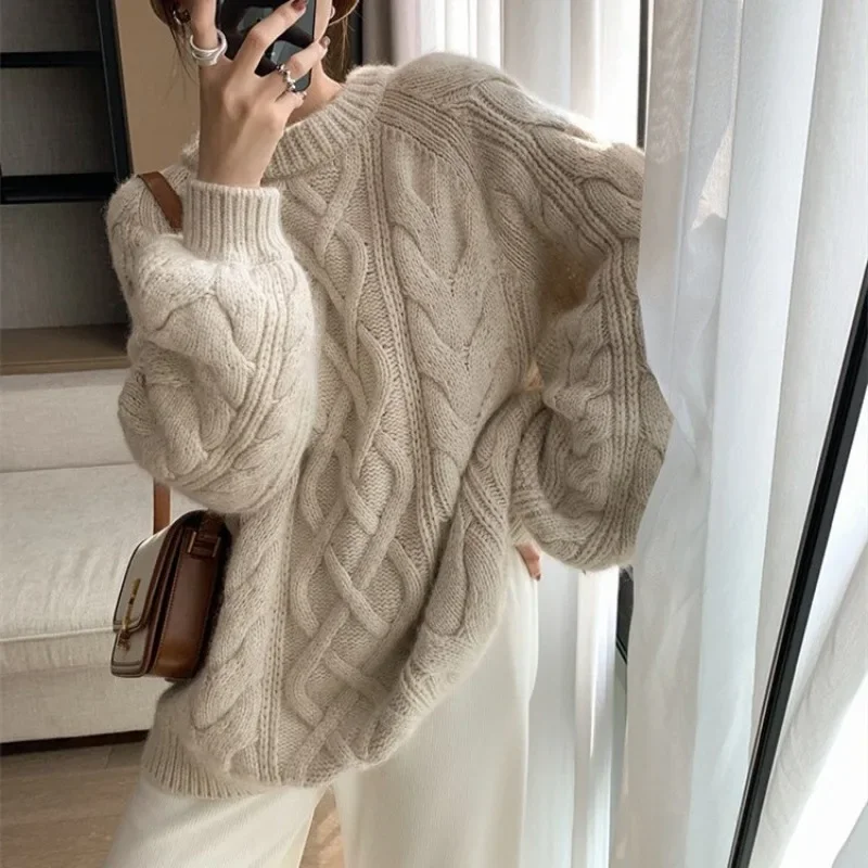 2024 Autumn and Winter New Thick Line Sweater Women's Korean Style Loose Lazy Style Round Neck Thickened Twist Pullover Sweater