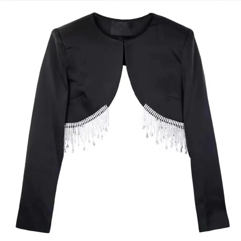 Luxury Diamonds Beaded Fringed Blazers Coat Rhinestones Tassels Suits Jacket High Waist OL Cardigan Jumpers Back Split Crop Tops