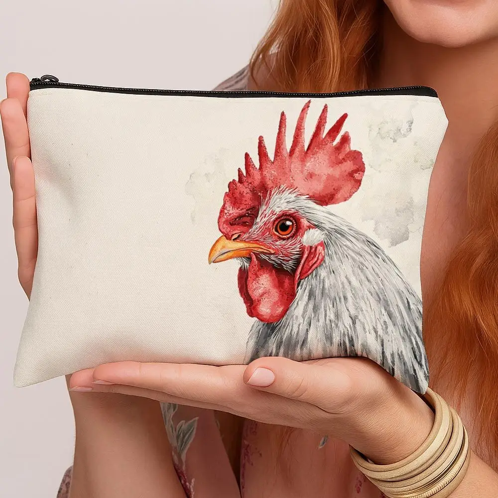 Trousse de Maquillage et de Toilette de Voyage Zippée pour Femme, Motif Art Champêtre Coq et Paysage Rural, Design Chine Rurale