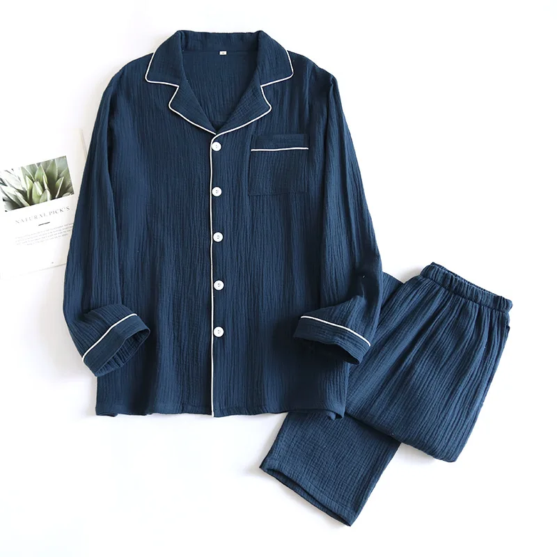 2024 Spring Cotton Gauze Couple Sleepwear Set Casual Comfortable Round Neck Homewear Long Sleeves Trousers Pajamas Women