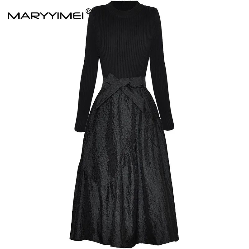 

MARYYIMEI Solid Long-Sleeved Slim Dress Women Jacquard Splicing Lace-Up Bow Black Dresses Autumn and Winter 2025 New