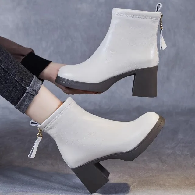 

High Heel Boots Women's Slim Fit Leather Ankle Boots White Fleece Lined Short Boots Chinese Brand Fashion Footwear