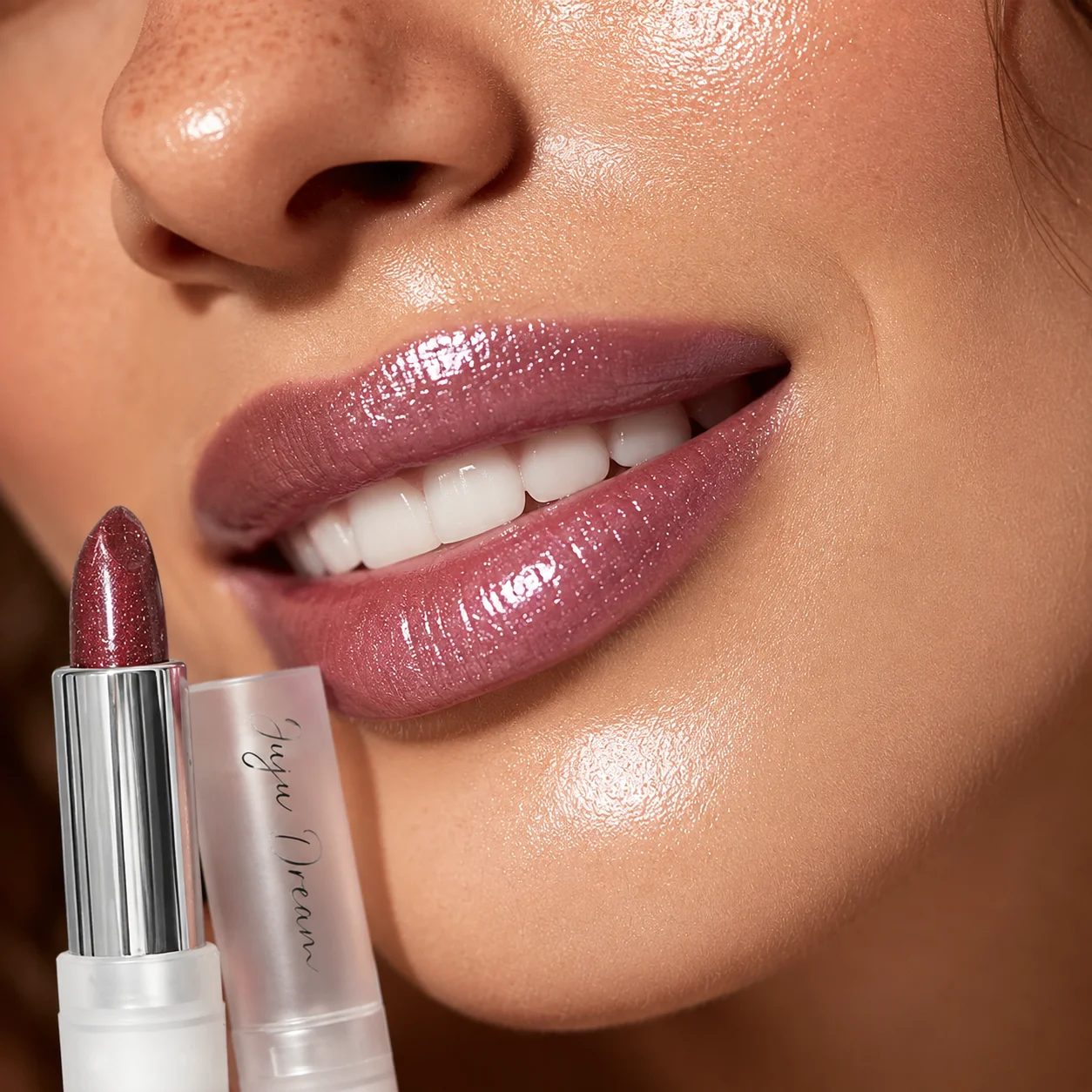 JUJU DREAM Shimmer Glitter Lipstick, Moisturizing Glossy Rose Pink Lip Color  High Pigment Metallic Pearl Lip Makeup