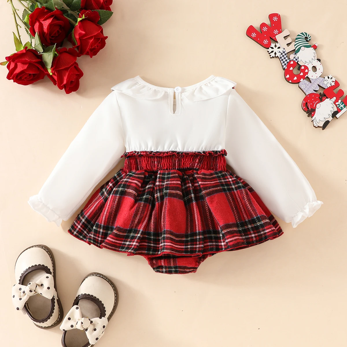 0-18 Months Baby Girl Triangle Crawl Suit Casual and Cute Preppy Style Doll Collar Bow Fake Two-Piece Suspender Red Plaid One-Piece Triangle Suit