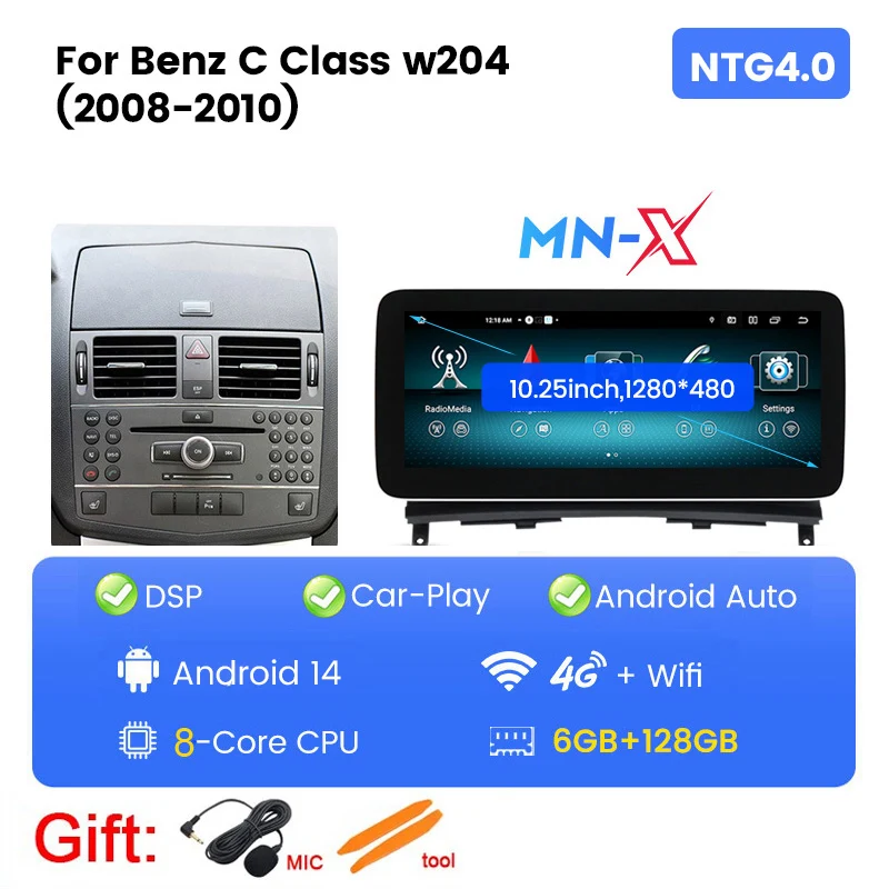 Android 14 Autoradio Carplay Voor Mercedes-Benz C-Klasse W204 S204 C200 C260 C300 2008-2010 navigatie GPS Multimedia Video Player