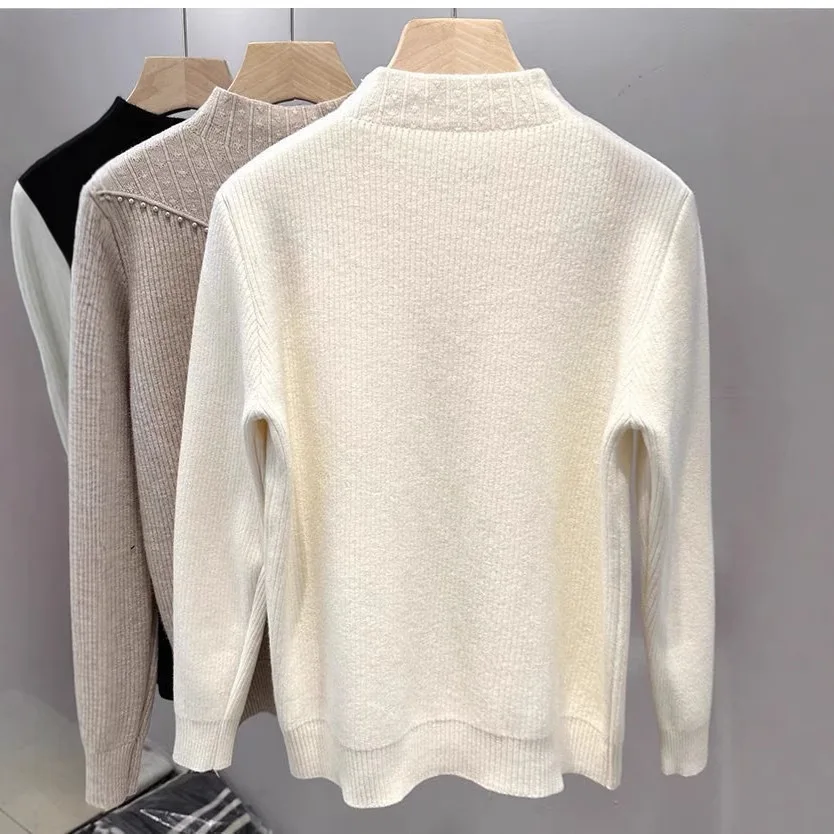 Cross-Border Fleece-Lined Thickened Half-High Collar Base Shirt Autumn Winter New One-Piece Fleece Sweater Women's High-End