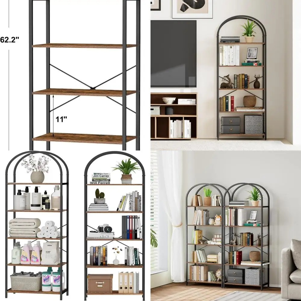 

5-Tier Curved Wood and Metal Bookshelf, Tall Industrial Style Display Rack, Rustic Brown, Suitable for Home, Office, Living Room