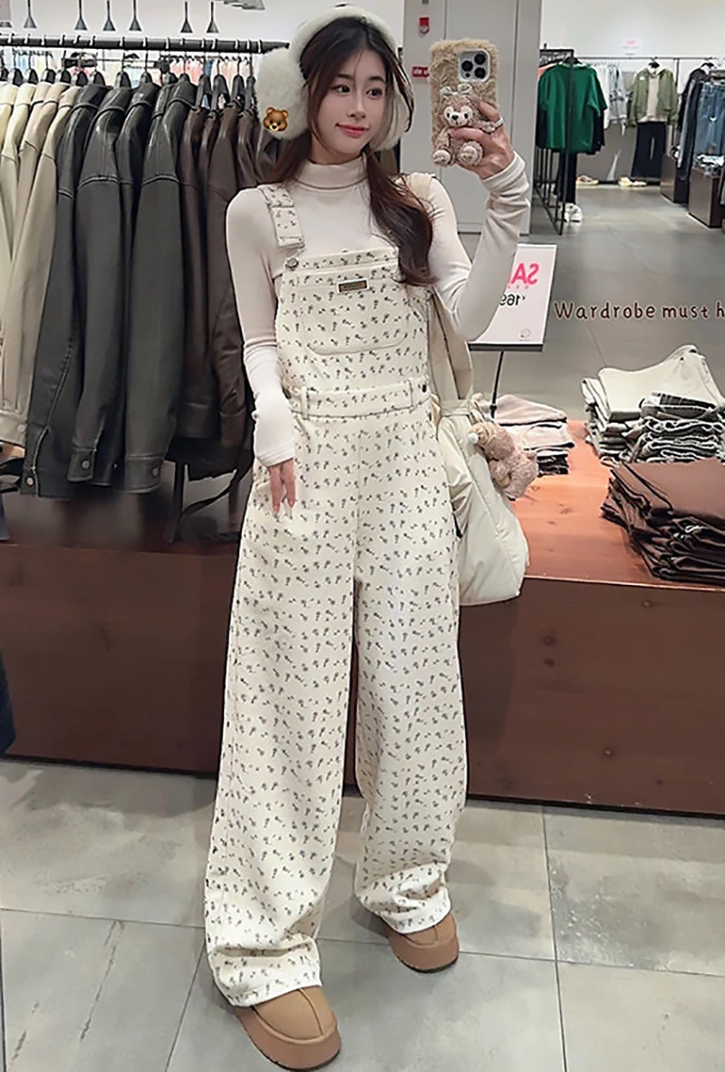 

Бежевые вельветовые комбинезоны с цветочным принтом, с высокой талией, широкими штанинами, свободного кроя, весна 2026, молодежный, винтажный дизайн