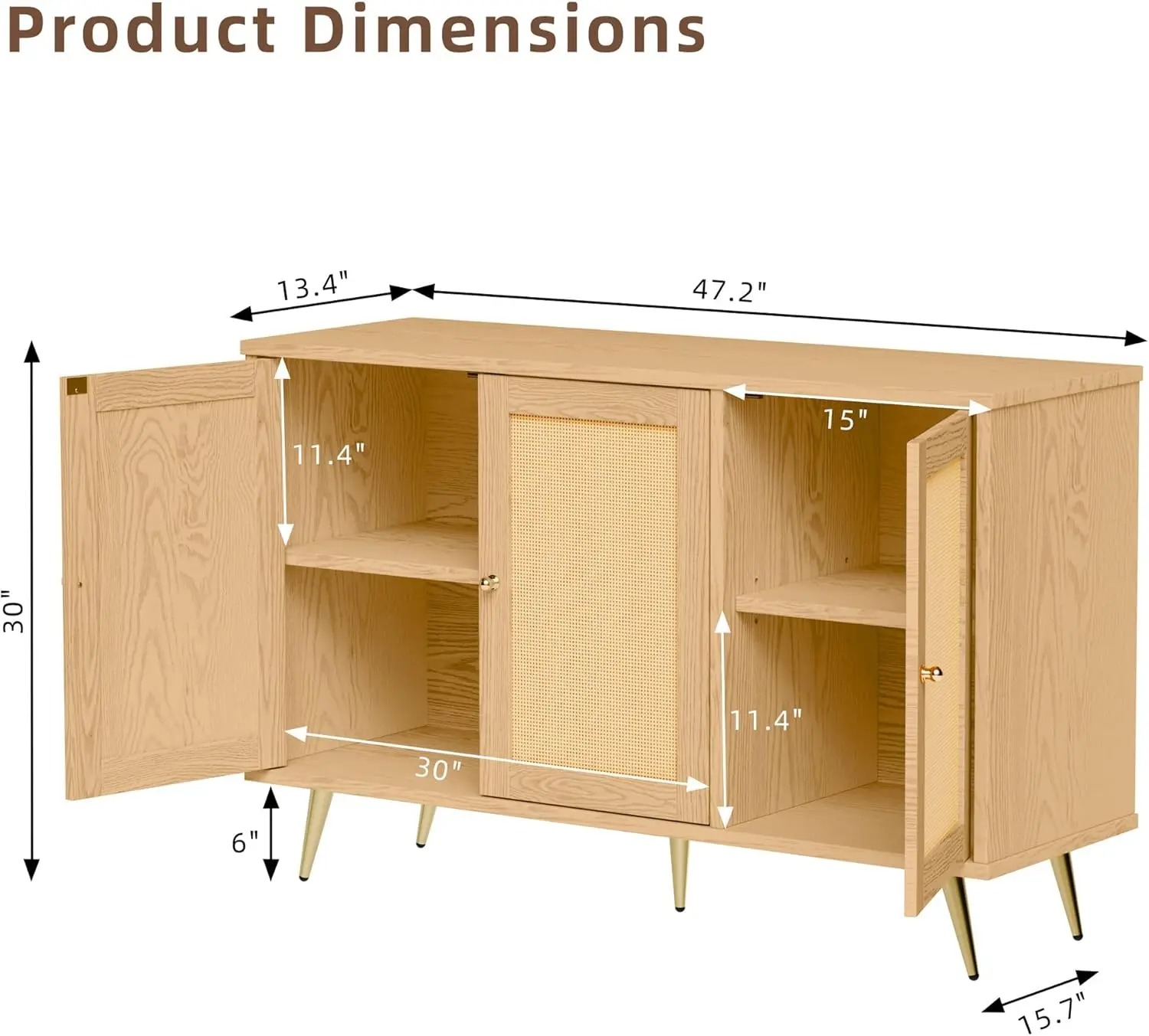 Buffet Cabinet with Storage, Kitchen Storage Cabinet with 3 Rattan Decorated Doors, Accent Cabinet Sideboard  for Dining