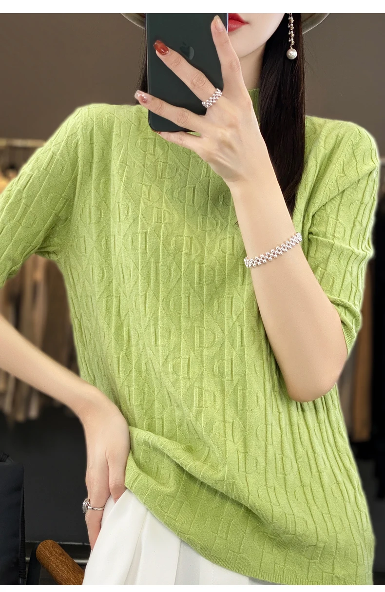 Women New Soft Diamond Letter Design Sweater Half-high Collar Three Quarter Sleeve Pullover Spring Summer Casual Knit Slim Top