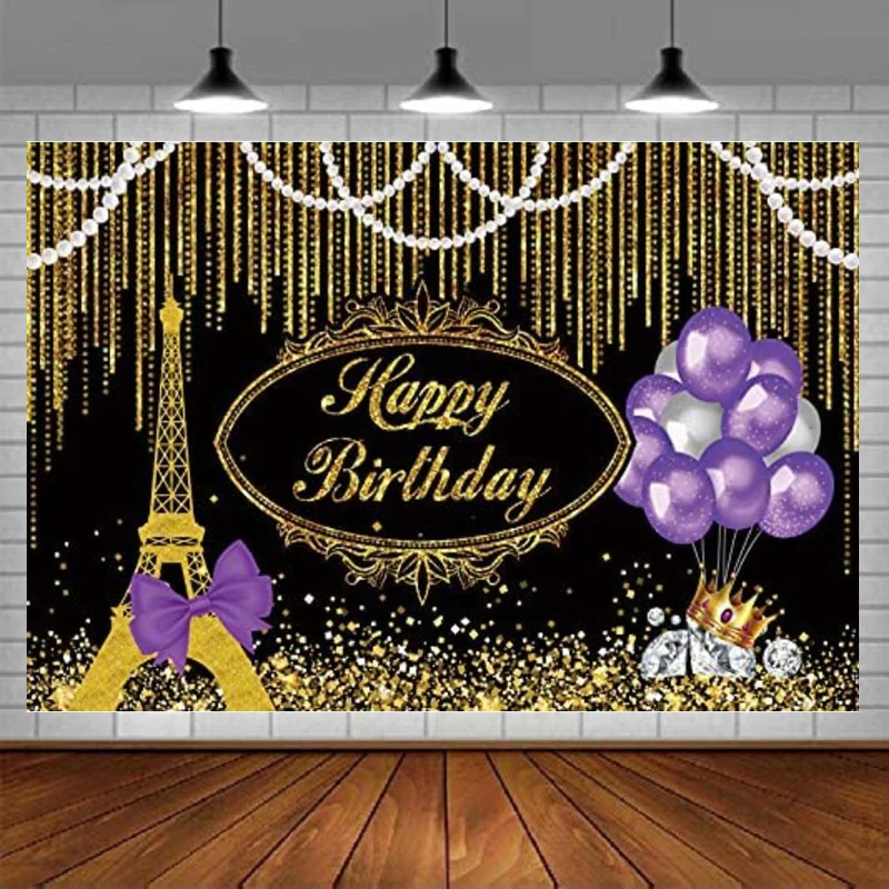 Toile de fond de photographie de fête de joyeux anniversaire, or et noir, paillettes d'or, taches de paillettes de bokeh, fond de tour Eiffel, ballon violet