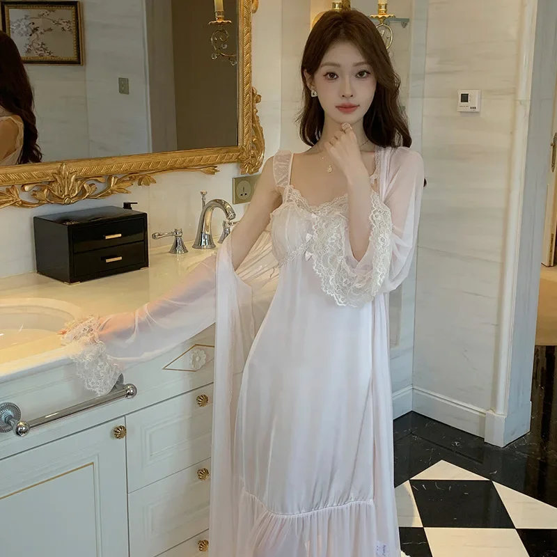 Women Sweet Satin Robe Sets Lace Fairy Peignoir Solid Color Princess Sleepwear Autumn Sexy Ice Silk V Neck Nightdress Two Pieces