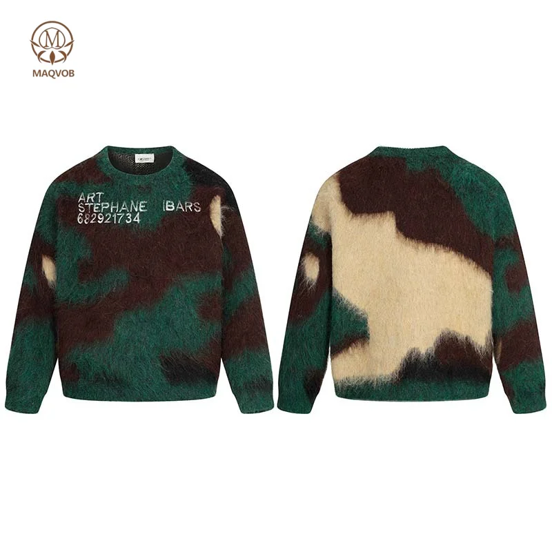 MAQVOB2025 High Street Punk Color-Blocked Round Neck Sweater Travel Holiday Printing Men'S Trendy Loose Casual Knit Sweater for