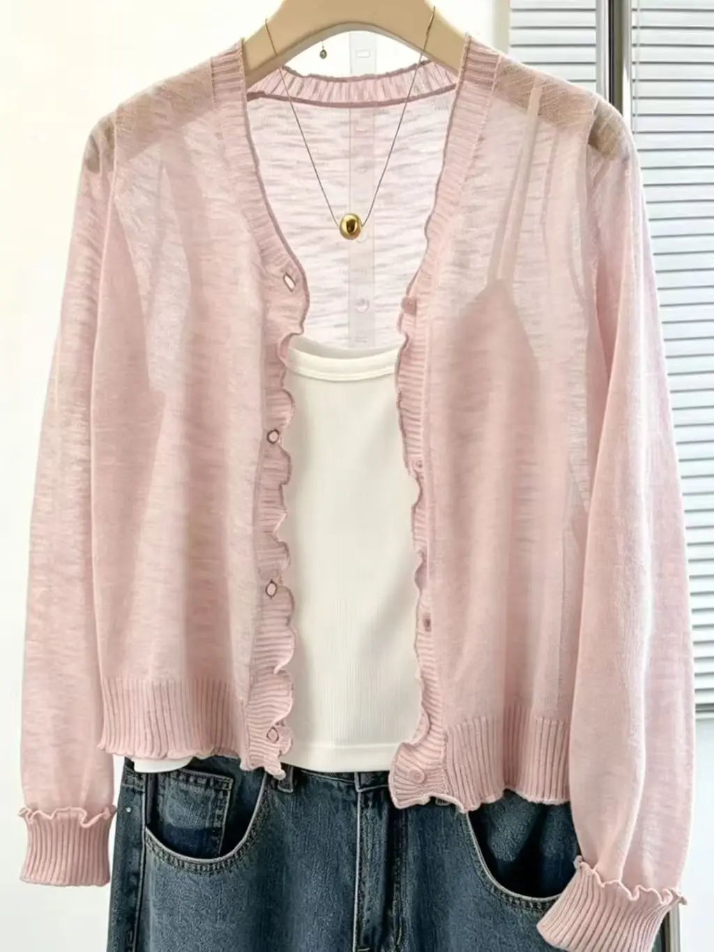 Women Long Sleeve Pink Knit Cardigan Heather Grey V‑Neck Ruffle Trim Sheer Summer Air‑Condition Cover‑up