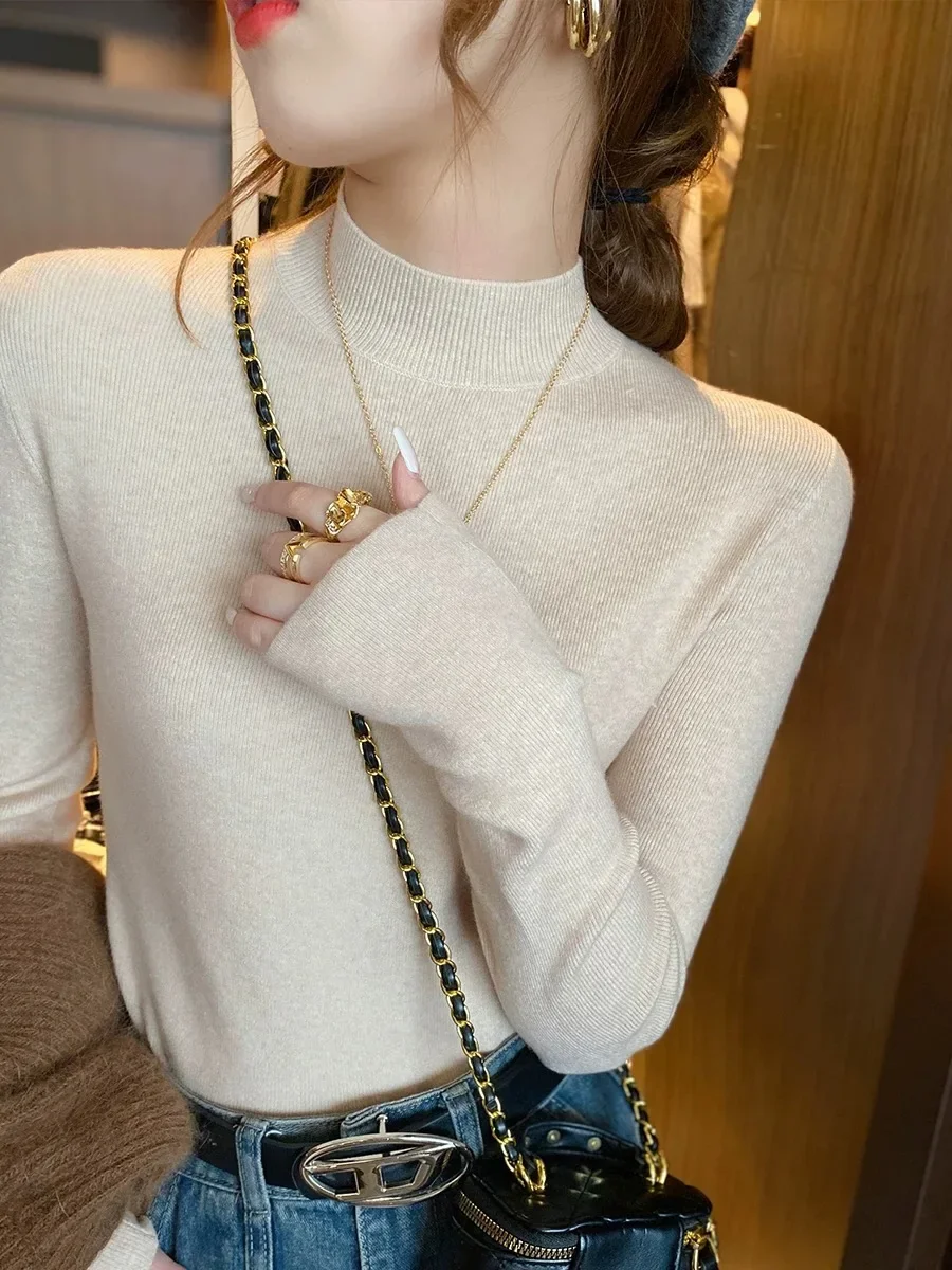 Suéter feminino de malha macia com gola alta, slim fit, manga comprida, camada base, estilo preguiçoso, outono inverno, camisa casual de gola alta