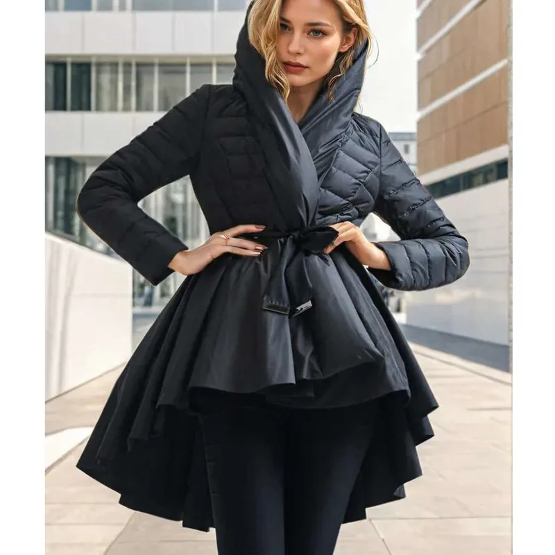 Fashion Women Duck Down 80% Cotton-padded Coat Hooded Lace-up Retractoin Waist Thick Parka Jackets Winter 2024 New 7AT966