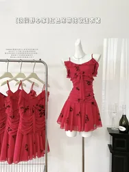 Fashion Sexy Romantic Print Ruched A-line Dress Women Slim Sleeveless Spaghetti Strap Dress Summer 2000s Sweet One-Piece Frocks