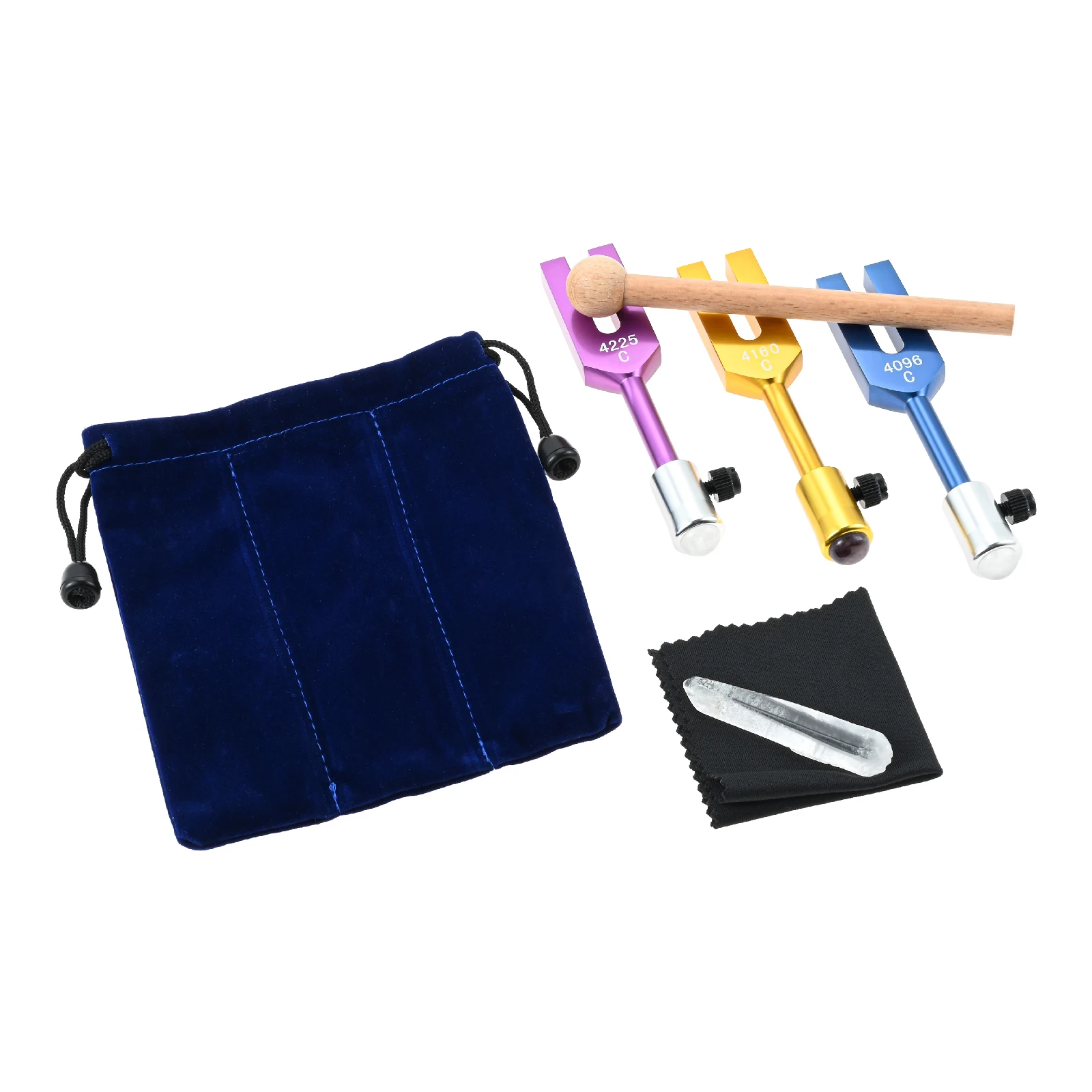 1Set Angel Tuning Fork with Crystal Feet 4096Hz 4160Hz 4225Hz for Clearing Angel Tuners Clear Space Wooden Hammer and Velvet Bag