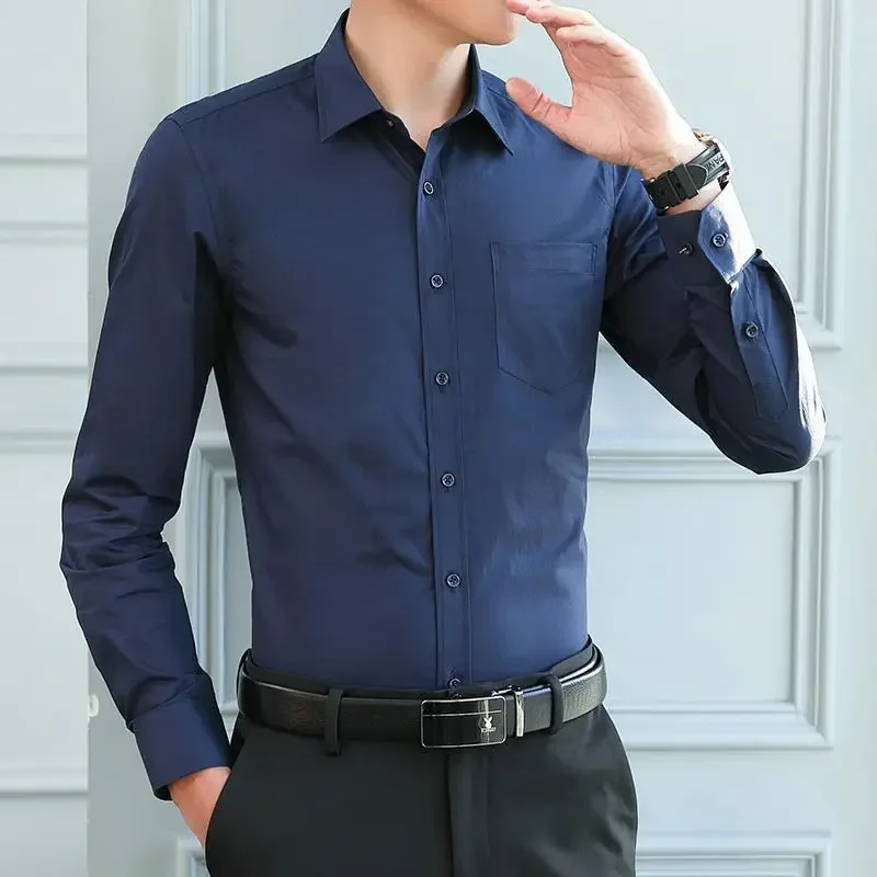 Men Solid Color Business Shirt Fashion Casual Slim White Long Sleeve Shirt Male Brand Clothes