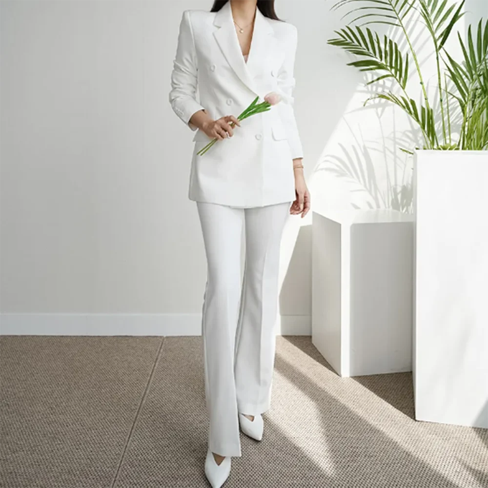 Elegant White Gray Suit for Women Double Breasted 2 Piece Jacket Pants Female Clothing Slim Fit Formal Office Lady Blazer Set