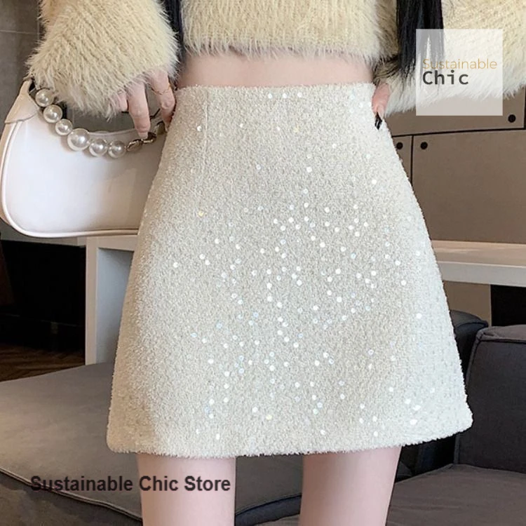 French-style skirt with fragrant wind and high waist, autumn and winter new fashion temperament sequined tweed one-step skirt.