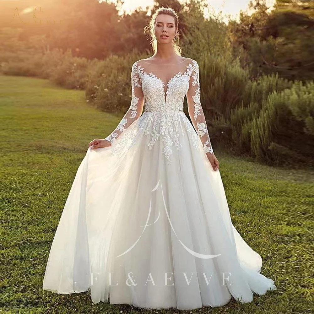 

Pastrol Wedding Dresses For Woman Boho Long Sleeves Illusion Back Scoop Bride Gowns Applique A-Line Tulle vestidos de novia