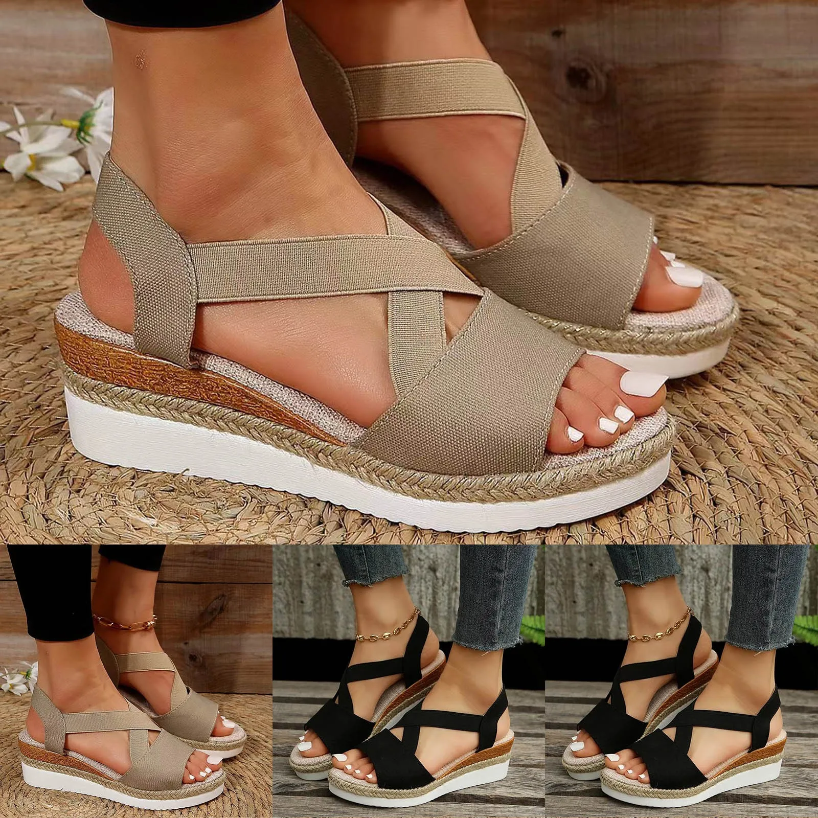 Fashion Large Size Women's Sandals Summer New Cross Elastic Band Design Flat Bottom Slope Heel Fish Mouth Casual Women's Sandals