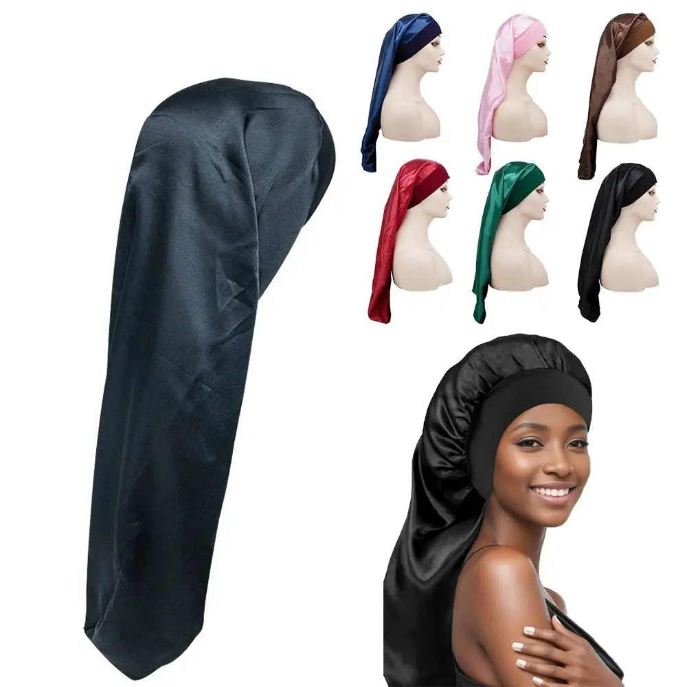 Solid Color Satin Long Sleep Cap With Head Tie Band Edge Wrap Beanie Hair Care Night Sleeping Hat for Curly Braid Hair