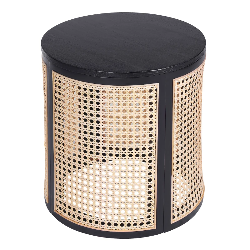

15.70" Round End Table Hollow Woven Side Table Small Rubber Wood Nightstand Rattan Woven Tea Desk Black